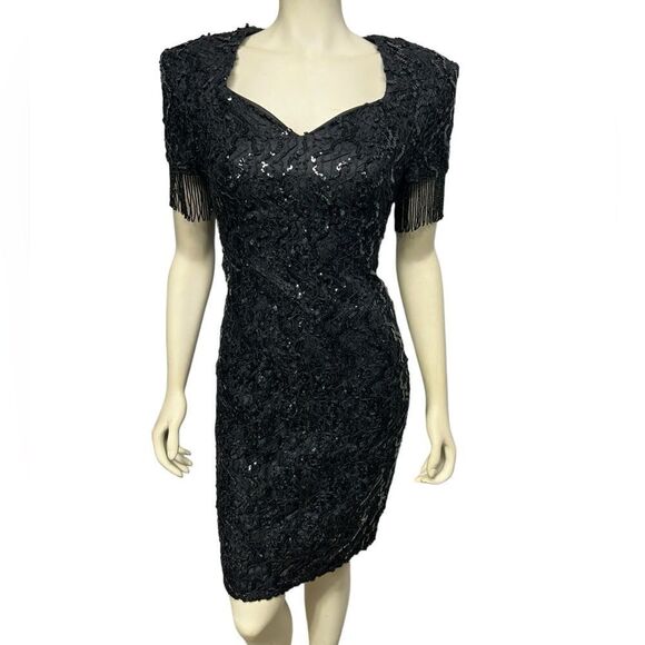 Vintage 80’s HW Collections Sequined Short Sleeve Black Dress Beaded Fringe - Picture 1 of 13